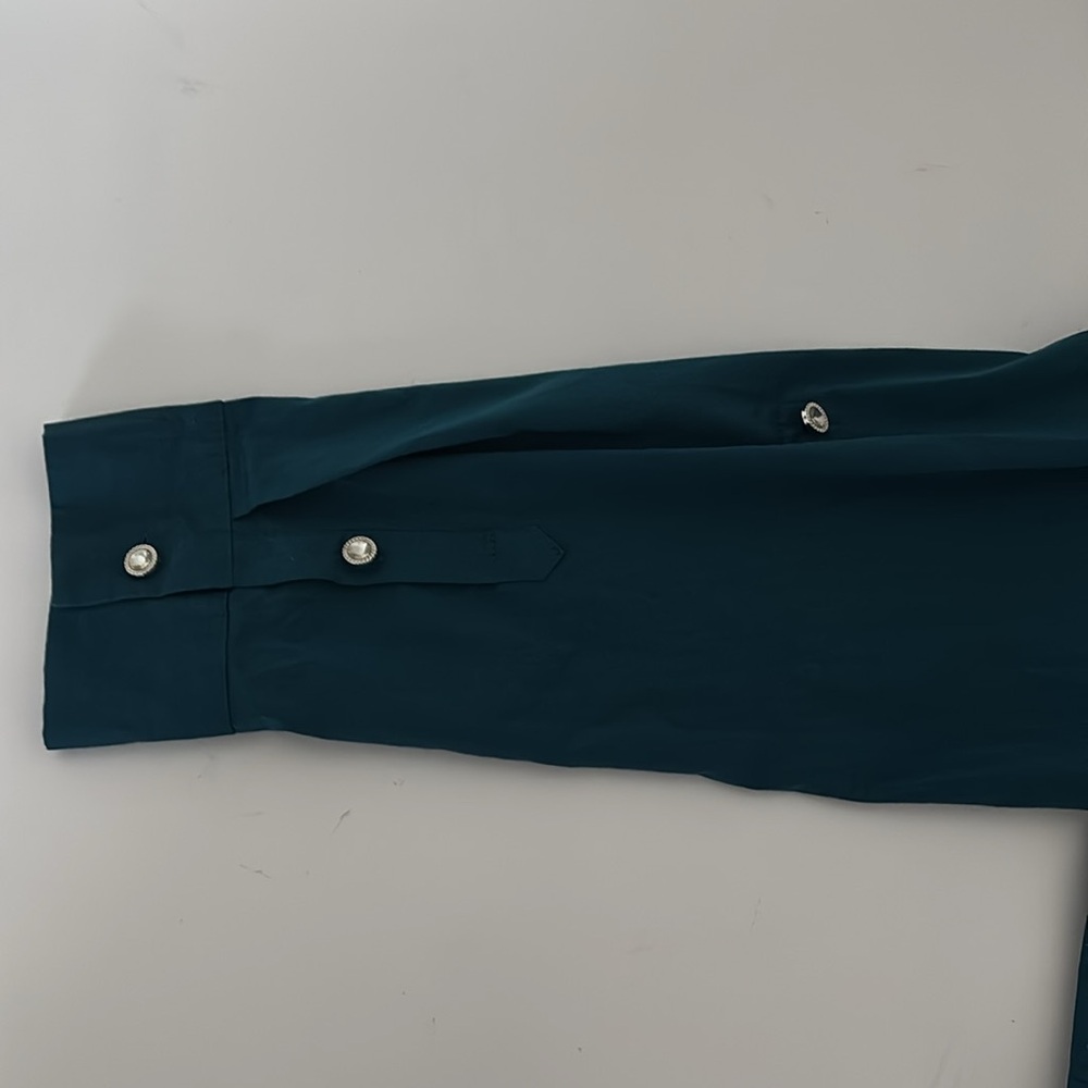 Teal Long Sleeve Blouse XXL Rhinestone Buttons Office Chic Minimalist Workwear - Picture 12 of 15